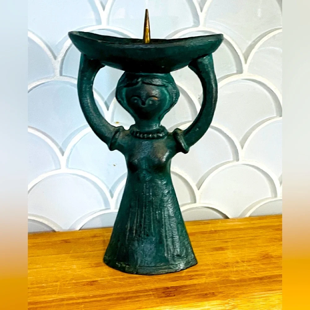 Danish Verdigris Bronze Candle Holder Woman w Basket Gunnar Andre Ystad-Metall